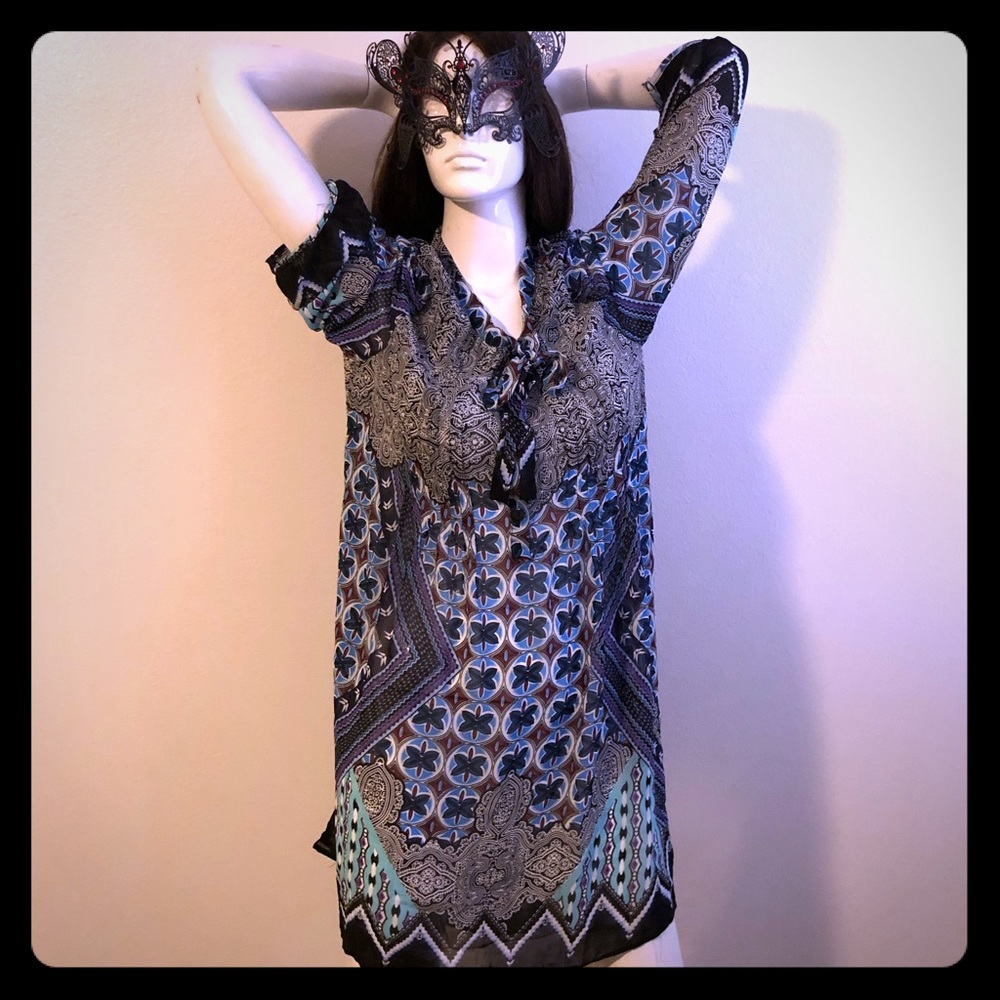 XL Turquoise Multi print short sheer dress